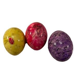 3 Vtg Marbled Alabaster Polished Stone Eggs Easter Purple, Pink, Yellow Italy